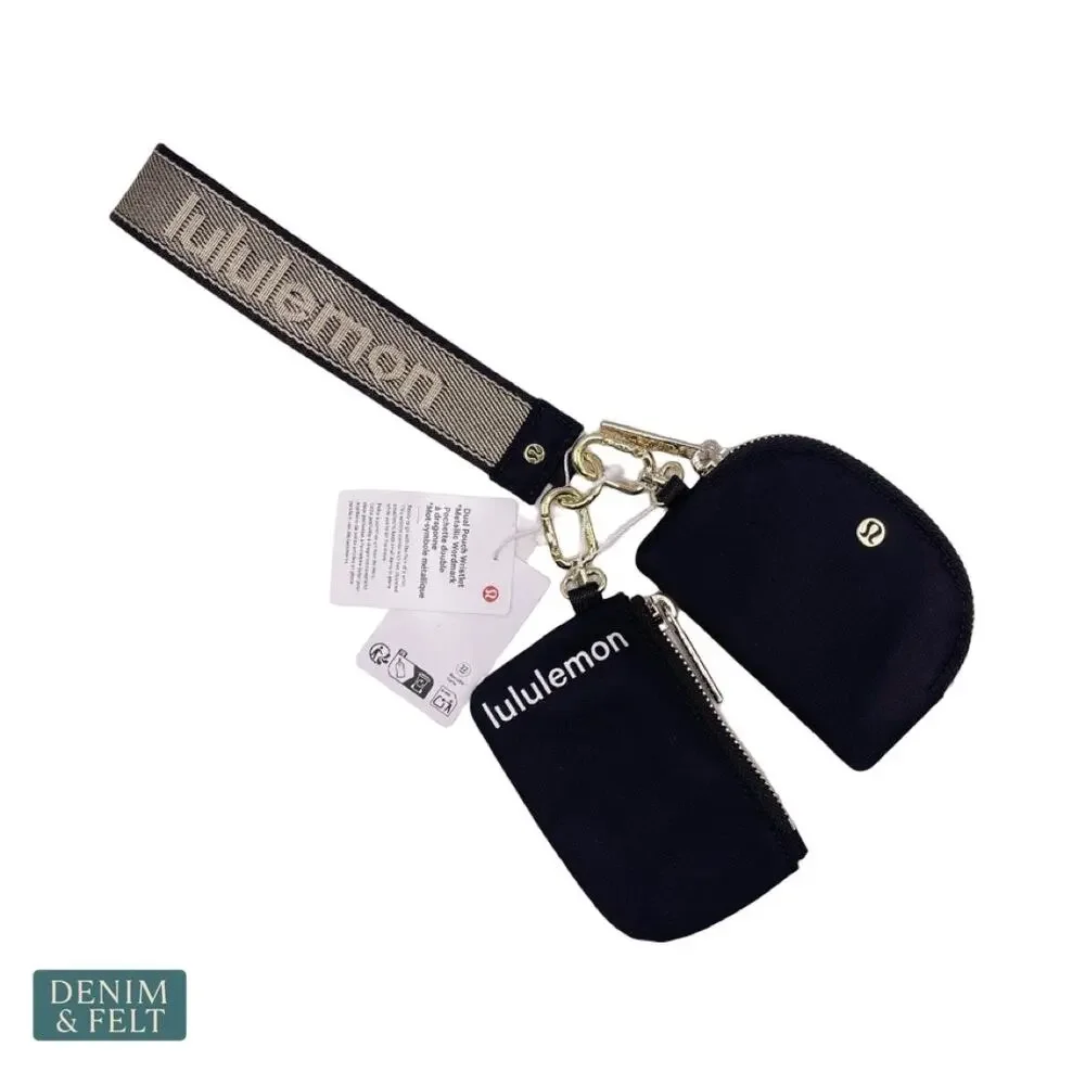 NEW‎ Lululemon Dual Pouch Wristlet Metallic Wordmark Black Gold Keychain Wallet